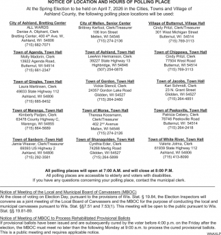 Notice of Location and Hours of Polling Place, Ashland County, Ashland, WI