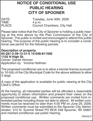 Notice of Conditional Use Public Hearing, City of Spooner, Spooner, WI