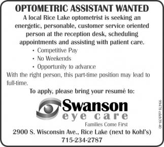 Optometric Assistant Wanted Swanson Eye Care Rice Lake Wi