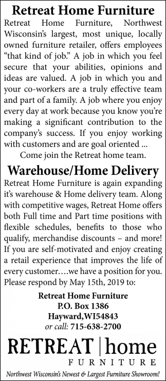 Warehouse Home Delivery Retreat Home Furniture Hayward Wi