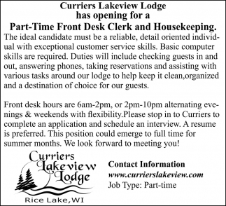 Front Desk Clerk And Housekeeping Currier S Lakeview Lodge Rice