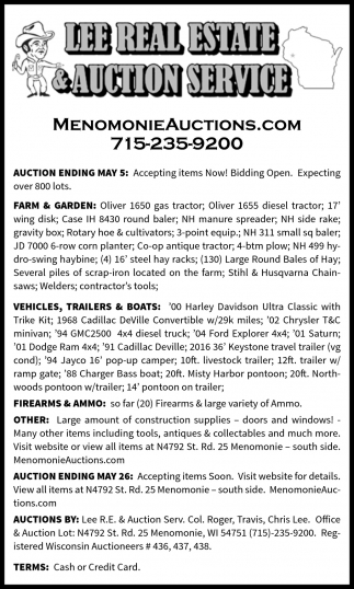Auction, Lee Real Estate & Auction Service, Menomonie, WI