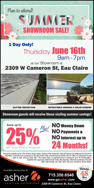 Summer Showroom Sale!, Asher Lasting Exteriors, Eau Claire, WI