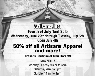 50% OFF All Artisans Apparel and More, Artisans, Inc, Glen Flora, WI