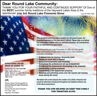 Dear Round Lake Community, Annual Round Lake Fireworks, Hayward, WI